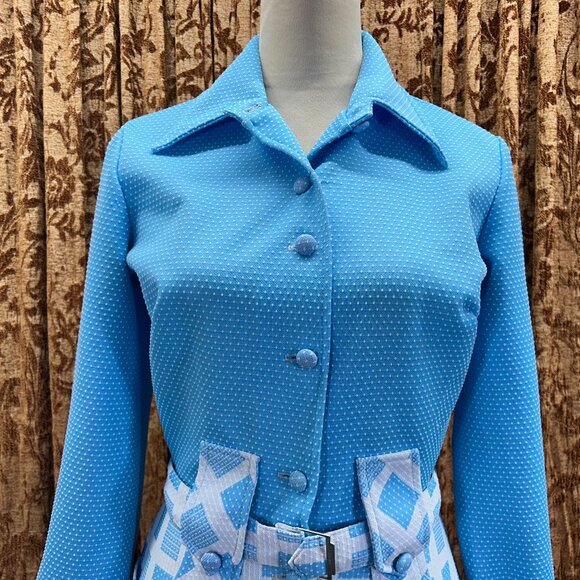 AWESOME Vintage 60' 70' Mod Dagger Collar JC Penny Light Blue Pockets Dress - Picture 2 of 16